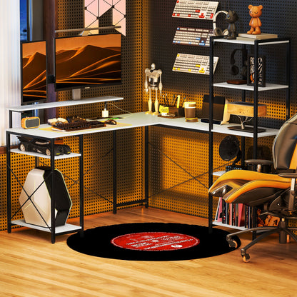 Corner Desk with Electrical & USB Outlet, Shelf & Monitor Stand, Black & White