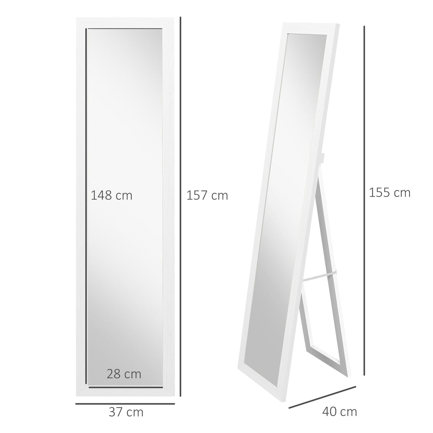 Mirror with MDF Frame with Feet and Hooks for Wall or Wall Mounted Use, 37x40x155 cm