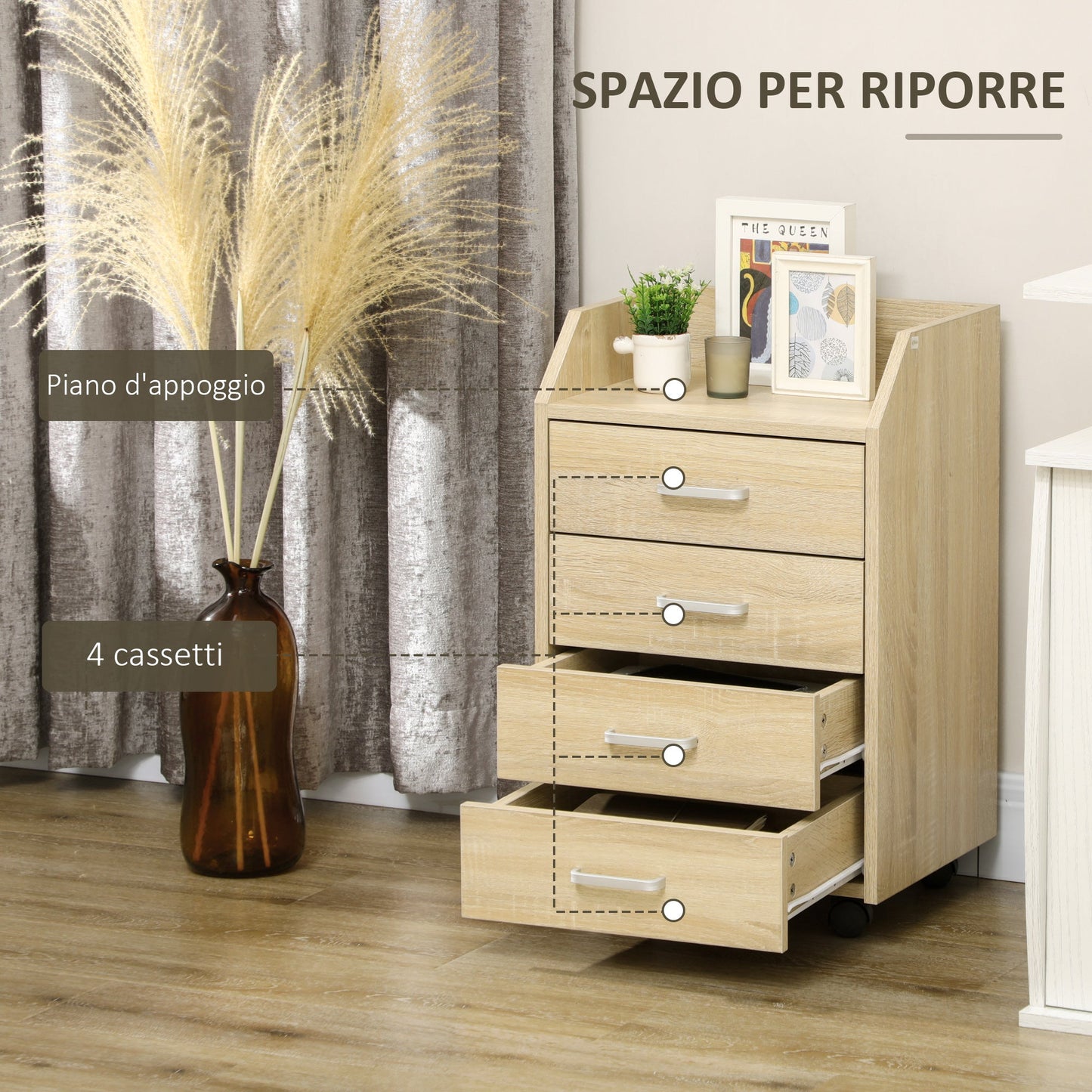 Wooden Office Chest with 4 Drawers, Wheels and Raised Edges, 40x36x65cm, Natural Wood
