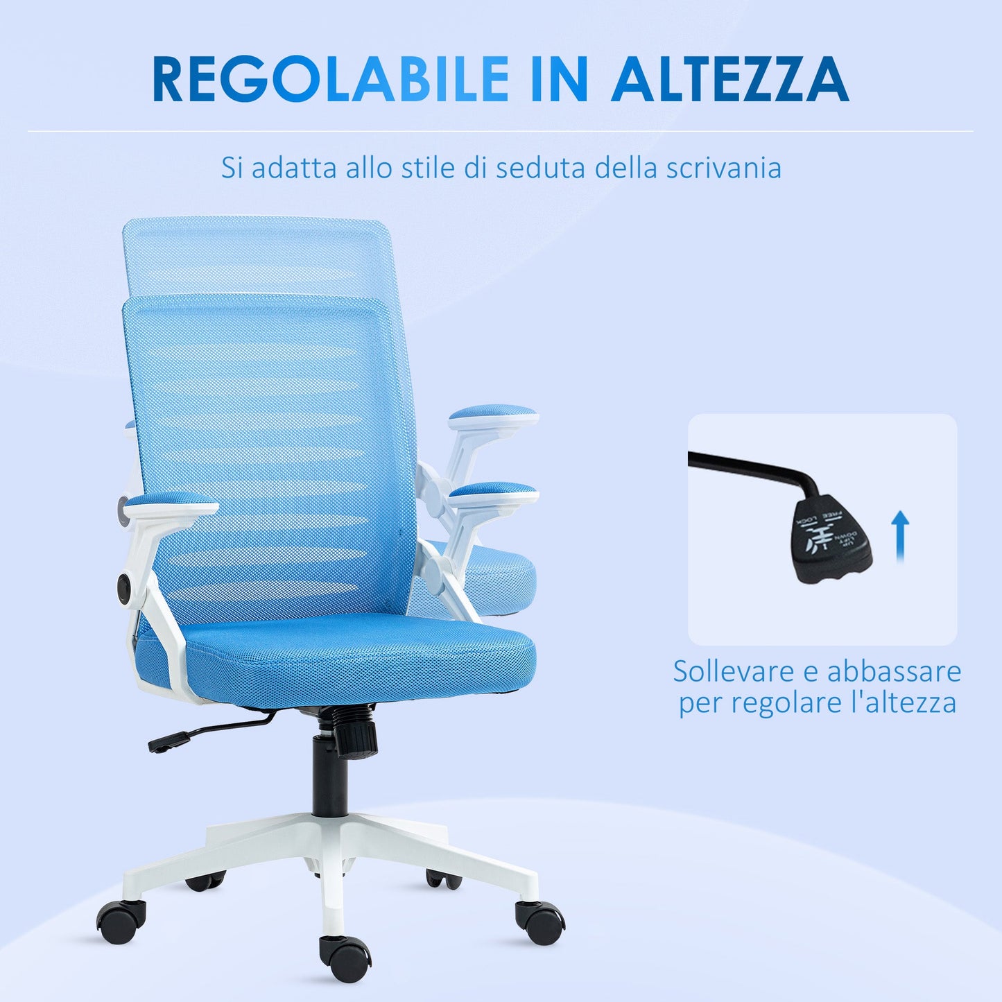 Ergonomic Swivel Chair with Adjustable Height and Armrests, 54x54x89-99 cm, White and Blue