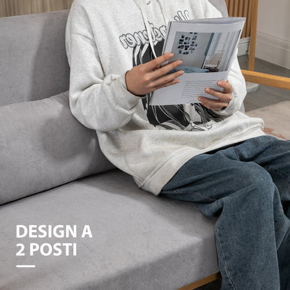 GRETA | Modern 2 Seater Wooden Sofa with Cushions, Padded Seat and Velvet Effect Fabric, 122x80x72 cm, Grey