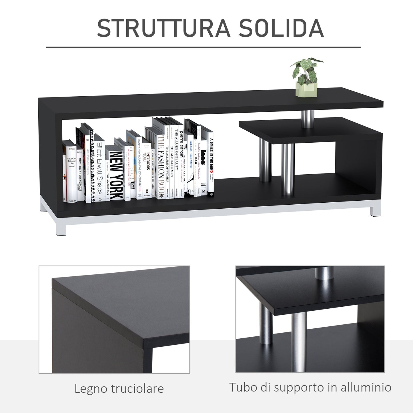 Modern TV Mobile with wooden shelf, Low Living Book Mobile 114x40x40.5cm, Black