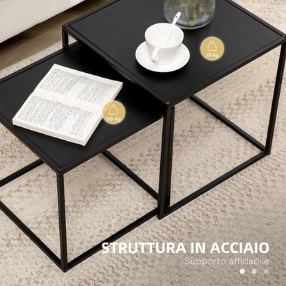 Set of 2 Square Stackable Coffee Tables for Living Room, Steel, Black