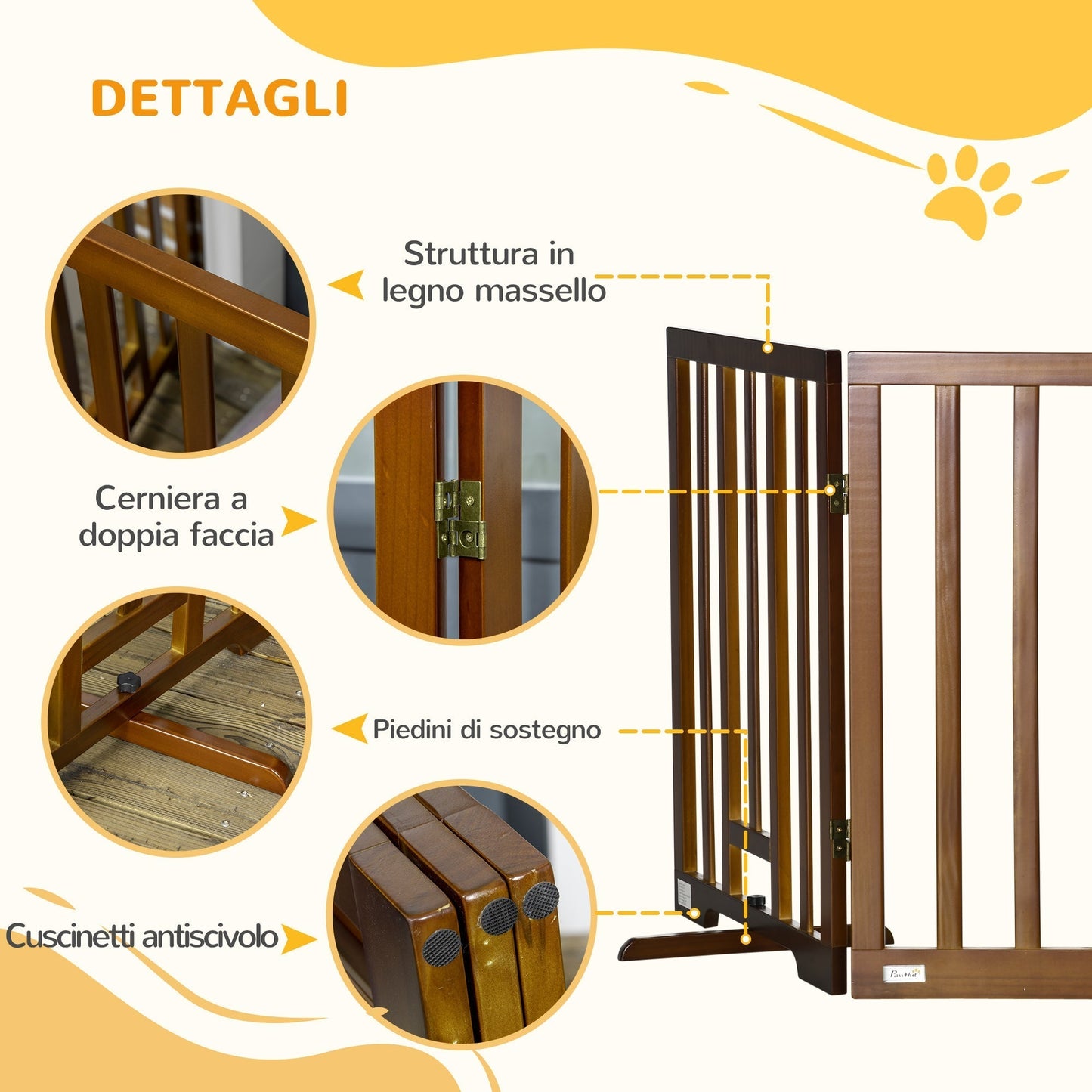 3 Panel Folding Dog Gate with Non-Slip Feet for Hallways, Stairs and Rooms, Pine Wood, 181x35x76 cm, Dark Brown