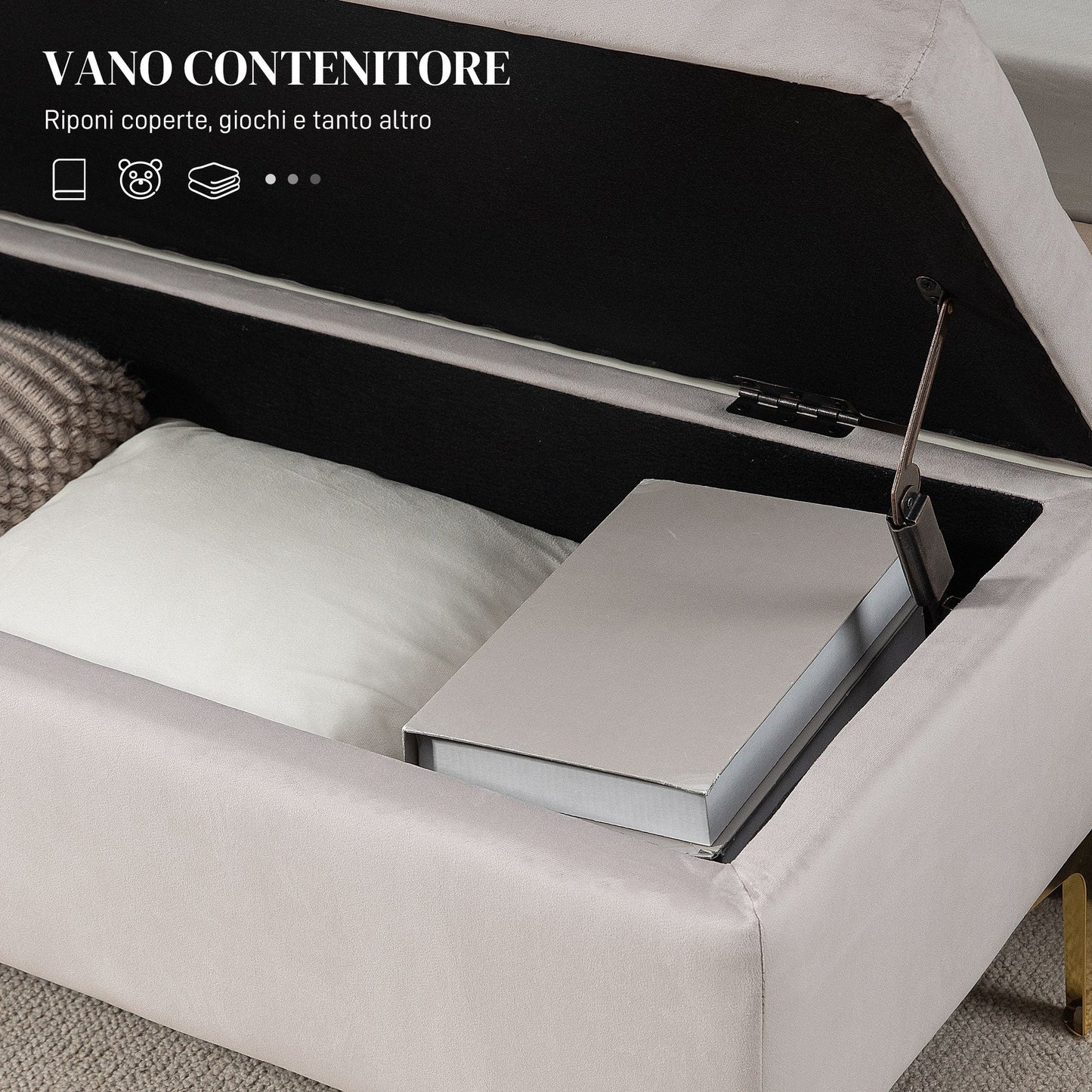 Bedside Storage Bench with Velvet Fabric and Golden Legs, 120x44x44.5cm, Light Grey