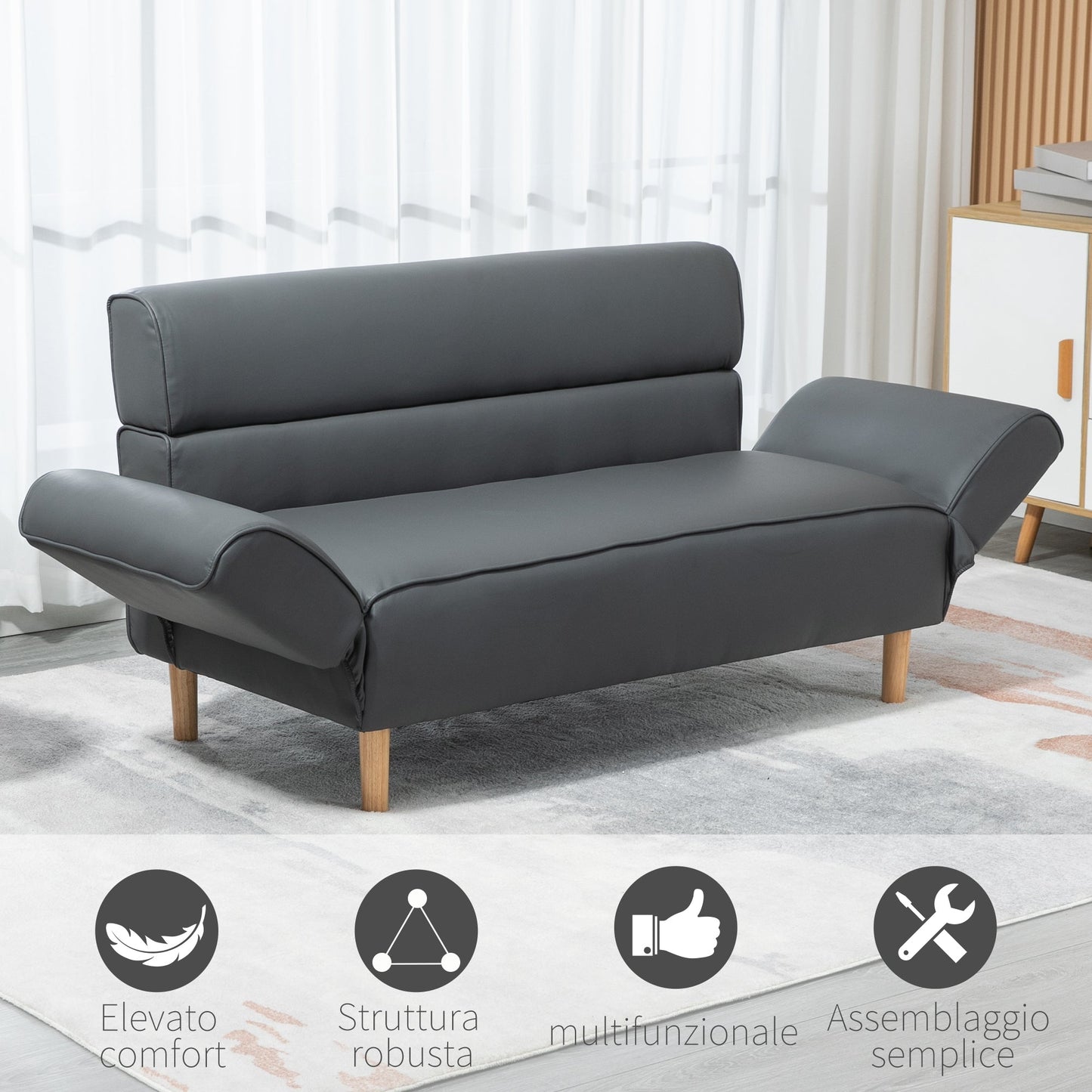 2 Seater Sofa Convertible to Single Sofa Bed with Adjustable Armrests, 164x71x75cm