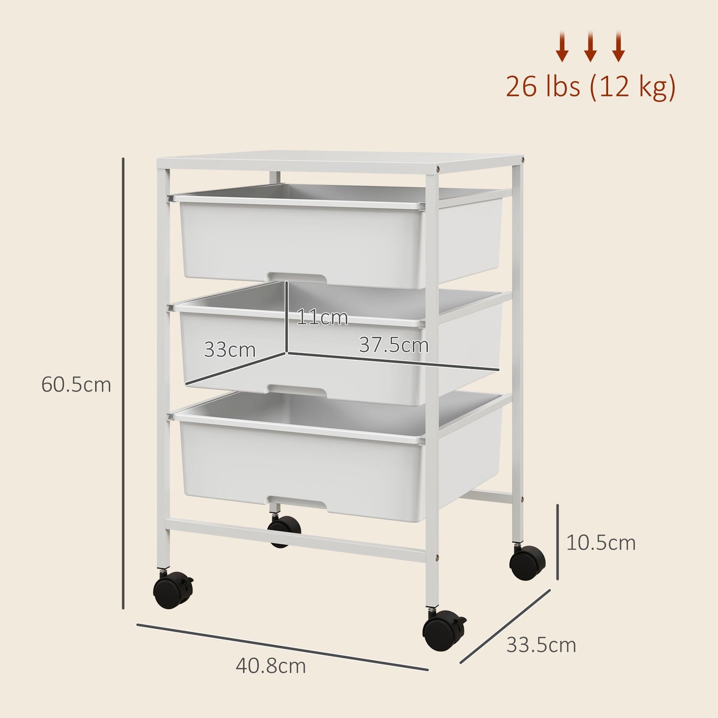 Multipurpose Trolley with 3 Removable Baskets and Wheels for Kitchen and Office in Steel and PP, White