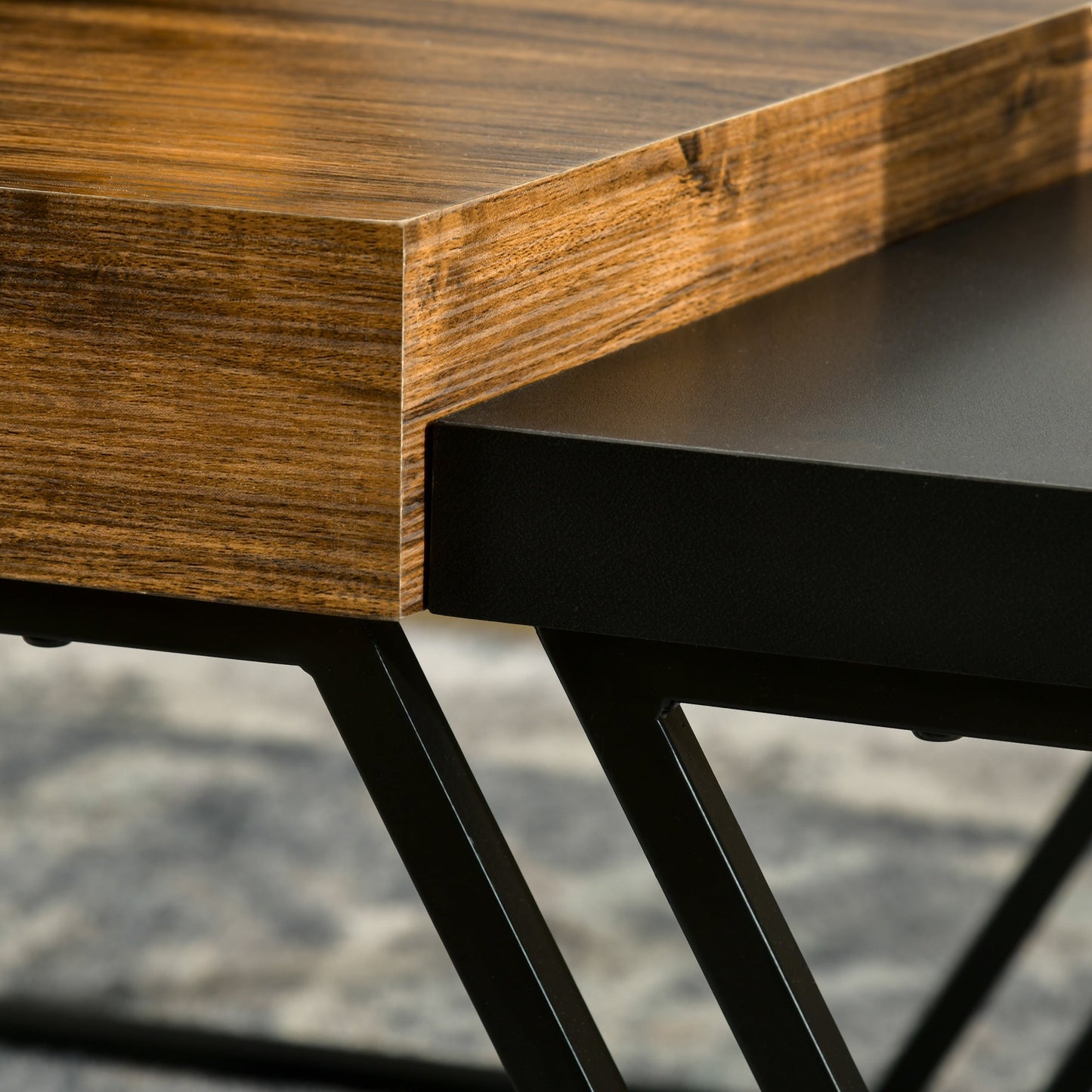 Set of 2 Chipboard and Steel Coffee Tables, Black Table 80x60x42 cm and Brown Table 60x60x46 cm