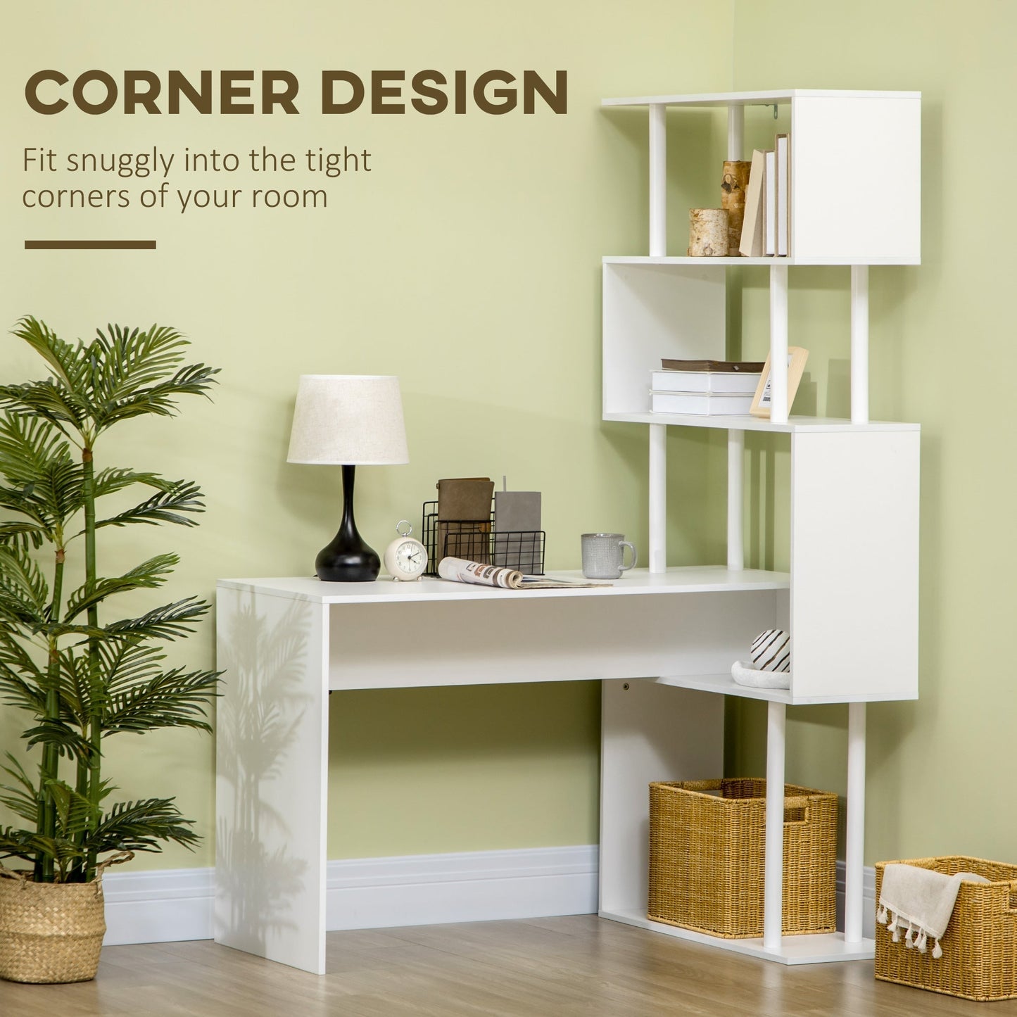 Modern Chipboard Corner Desk for Office and Study with 4-Tier Shelf, 120x80x176 cm, White