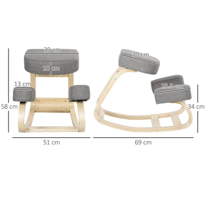 Ergonomic Chair with Kneeler in Birch Wood and Padded Cushion, 51x69x58 cm, Grey