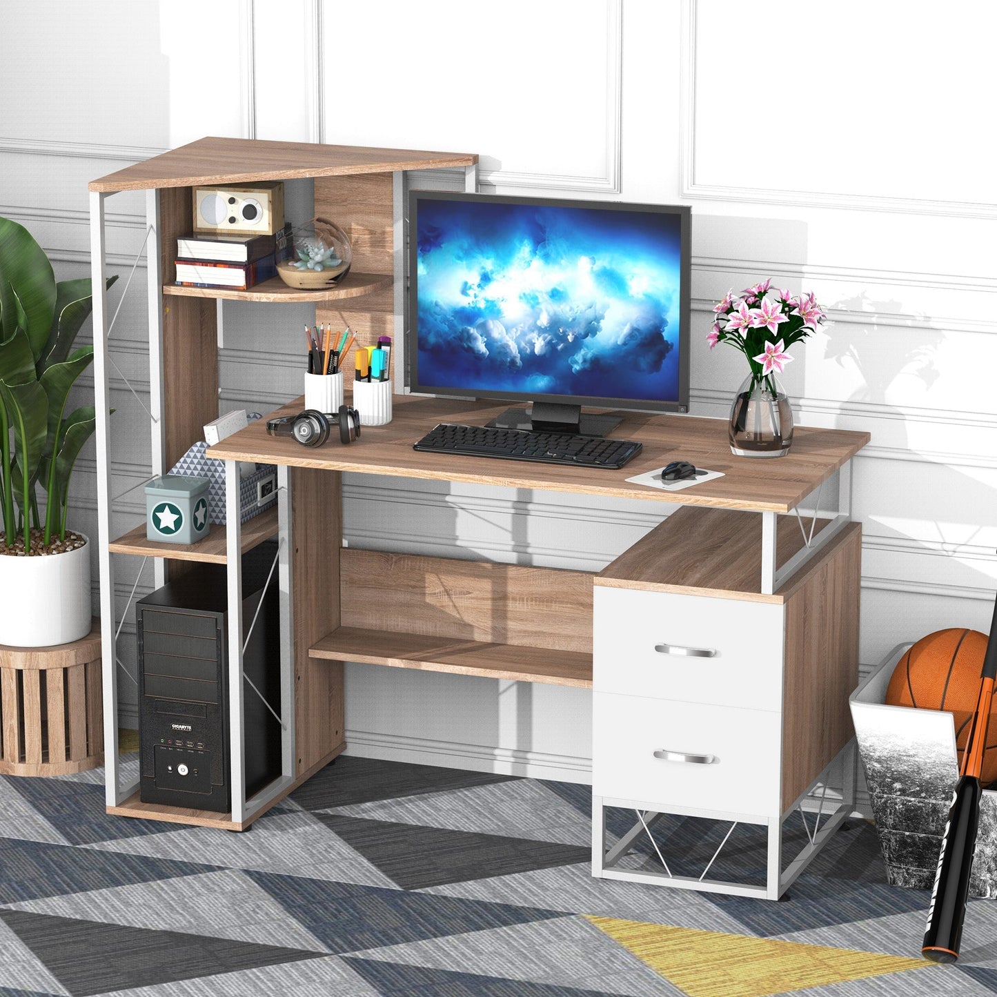 Desk for computer PC Office with shelf 133 x 55 x 123cm