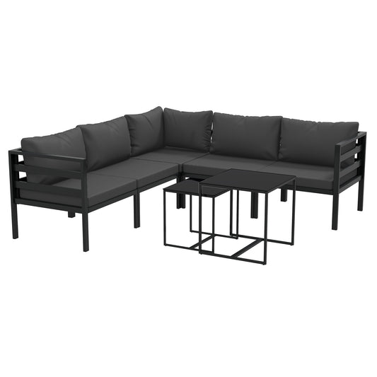 7 Piece Steel and Polyester Garden Set with 5 Chairs with Cushions and 2 Coffee Tables, Grey
