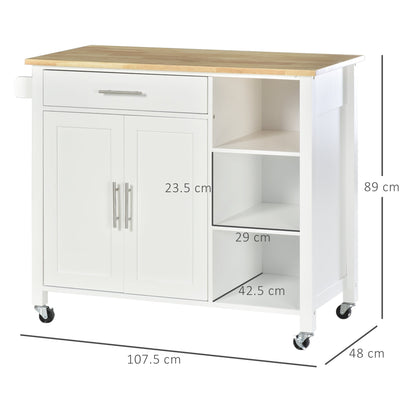 Space-Saving Trolley with Wheels, Solid Wood Kitchen Peninsula: 1 Drawer, 1 Cabinet, 3 Shelves and 4 Wheels, 107.5x48x89 cm