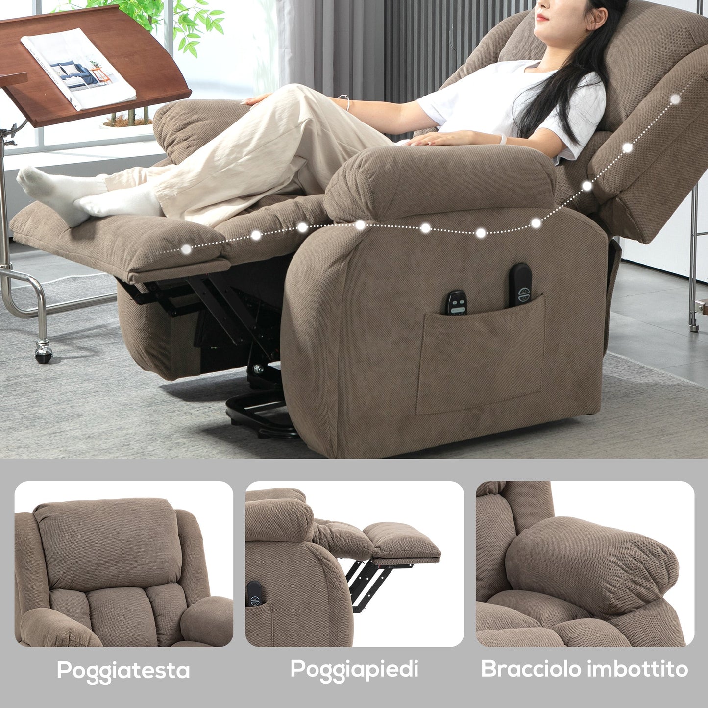 Lift Massage Reclining Chair with 2 Pockets and Remote Control, 93x104x105 cm, Light Brown