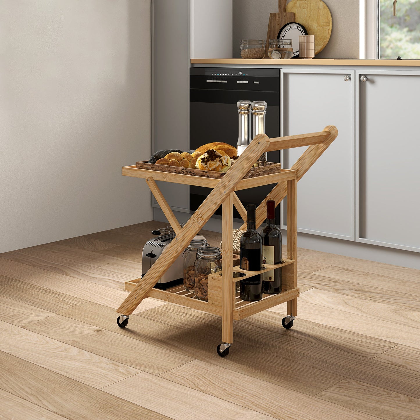 2-Tier Folding Kitchen Trolley with Bamboo Bottle Holder