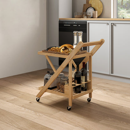 2-Tier Folding Kitchen Trolley with Bamboo Bottle Holder