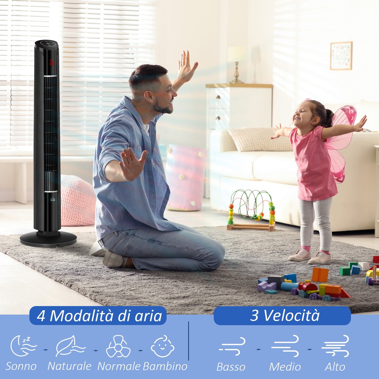 Tower Fan with 3 Speeds and 4 Modes, 12h Timer, LED Panel and Remote Control, Black