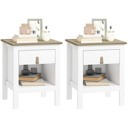 Set of 2 Wooden Bedside Tables with Drawer and Open Shelf, 45x40x55 cm, White and Oak