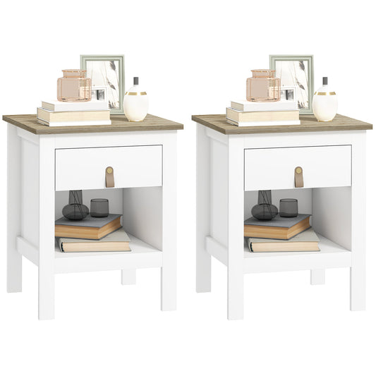 Set of 2 Wooden Bedside Tables with Drawer and Open Shelf, 45x40x55 cm, White and Oak