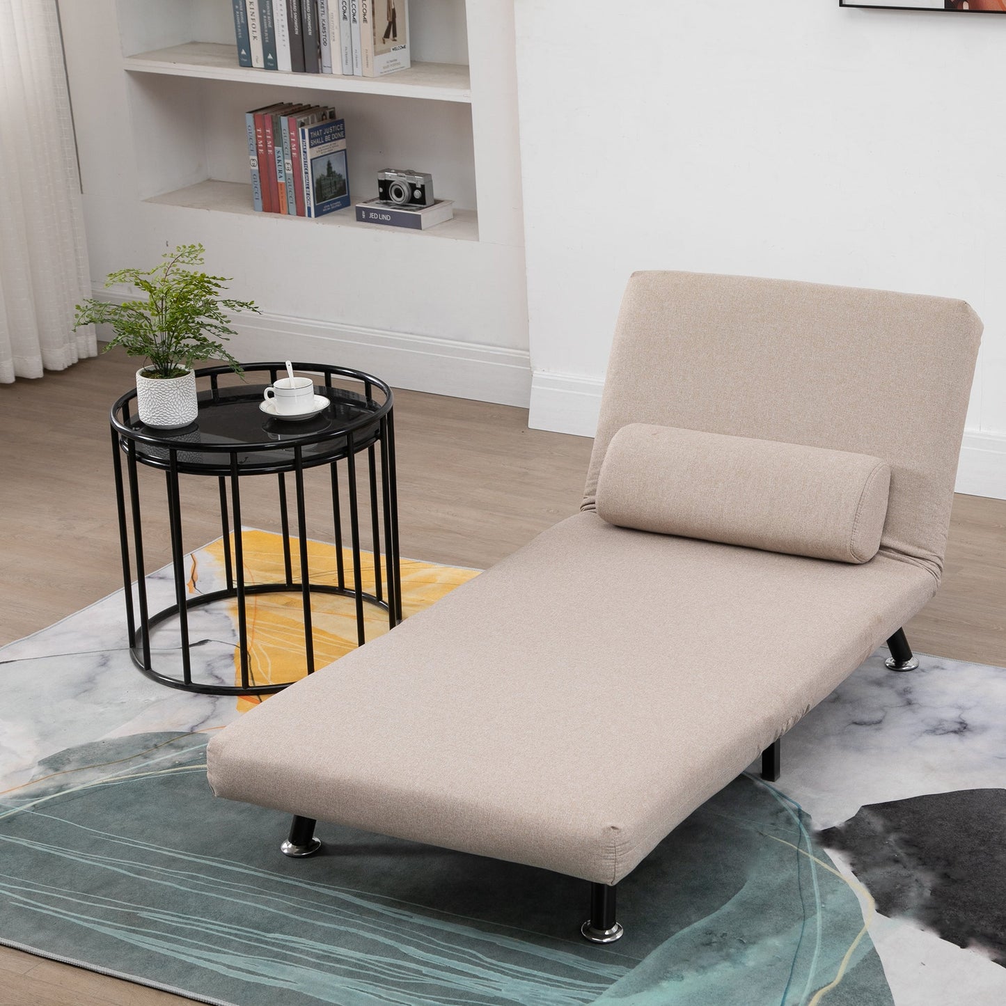 Single Sofa Bed, Armchair with Removable Mattress and Padded Cushion - 90-180° Adjustable Backrest and Metal Frame - 75x70x75 cm, Beige