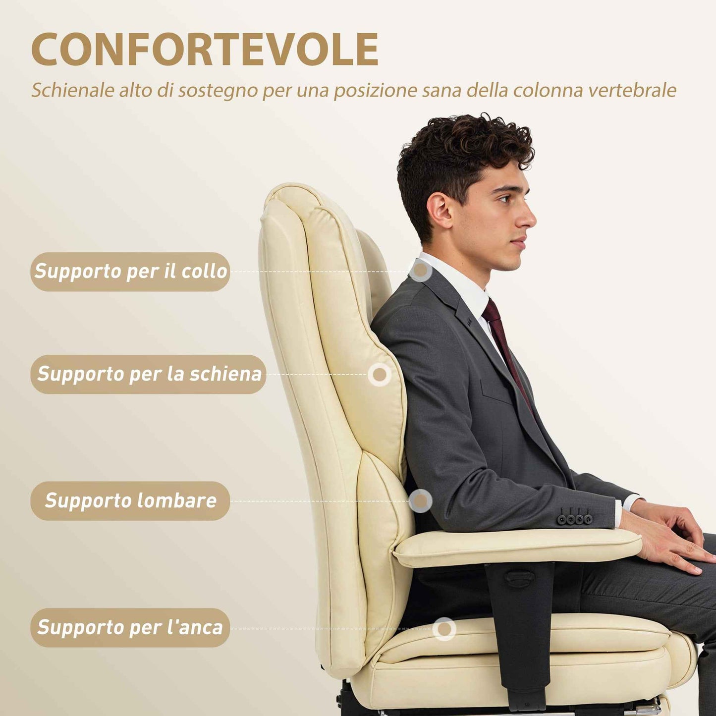 Office Chair with Footrest and Headrest, PU Leather, Foam and Metal, 76x73x117-125 cm, Cream White