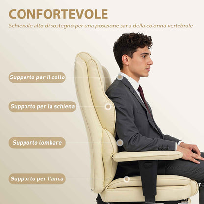 Office Chair with Footrest and Headrest, PU Leather, Foam and Metal, 76x73x117-125 cm, Cream White