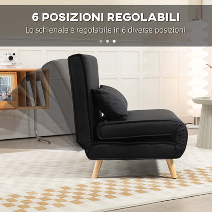 3 in 1 armchair bed with reclining backrest in 6 positions in fabric, 94x78x80 cm, Black