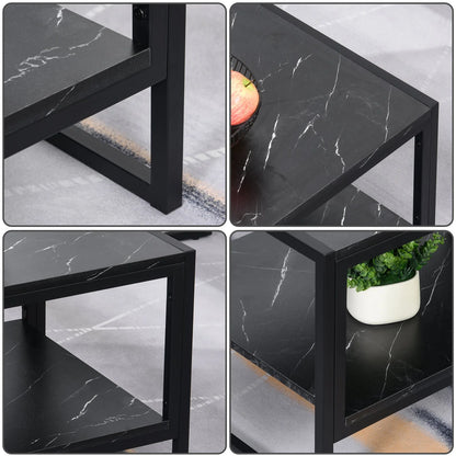 Modern Black Marble Coffee Table with Steel Frame and Storage Shelf