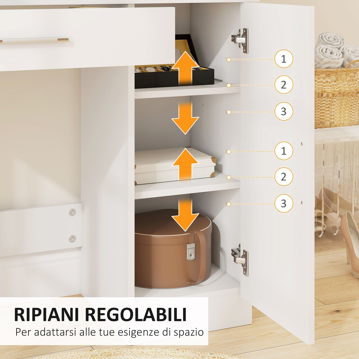 Dressing Table with Cabinet, Drawer, Makeup Mirror and Open Shelves, 90x38x138 cm, White
