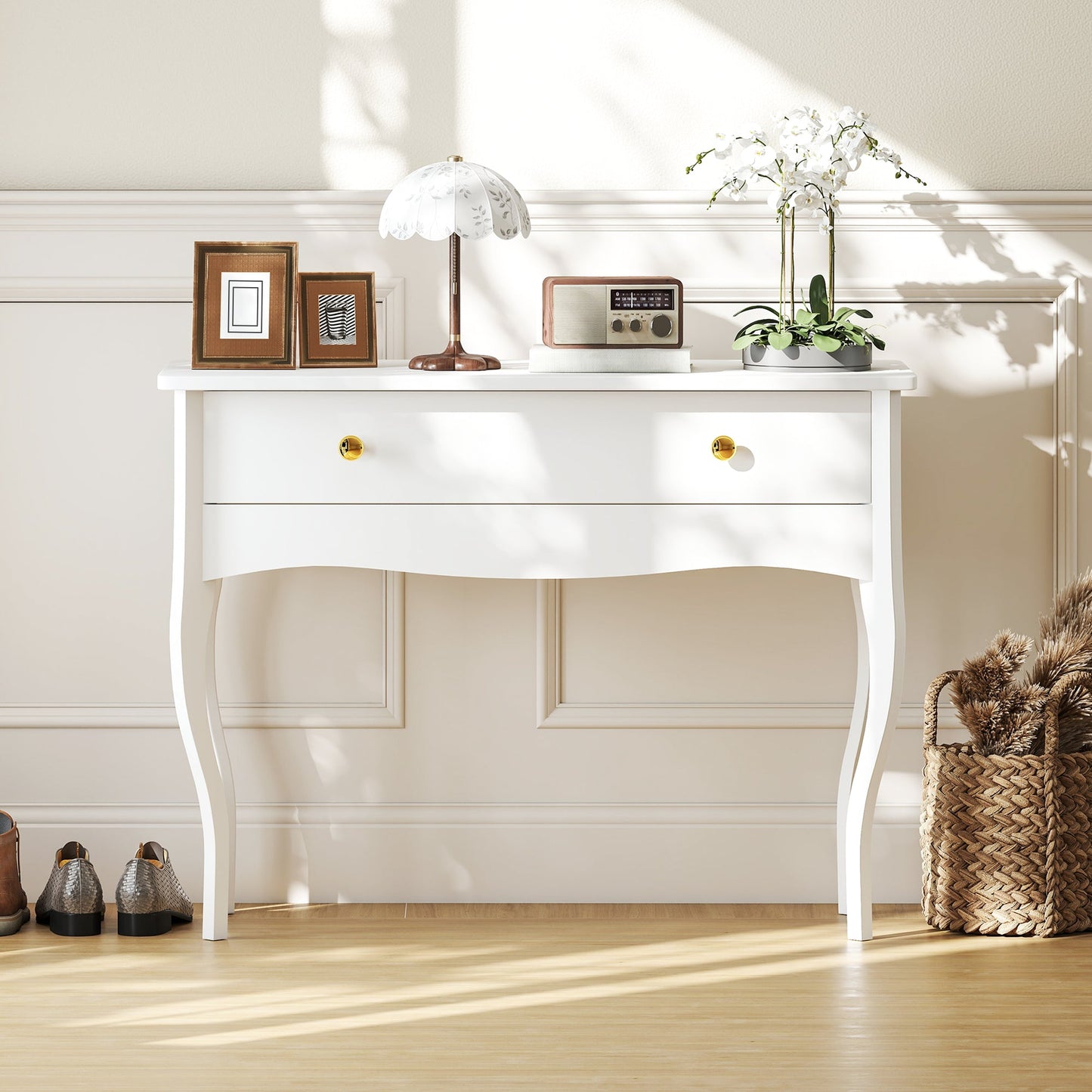 Dressing Table and Console Table for Entrance Hall with Large Wooden Drawer, 100x40x74 cm, White