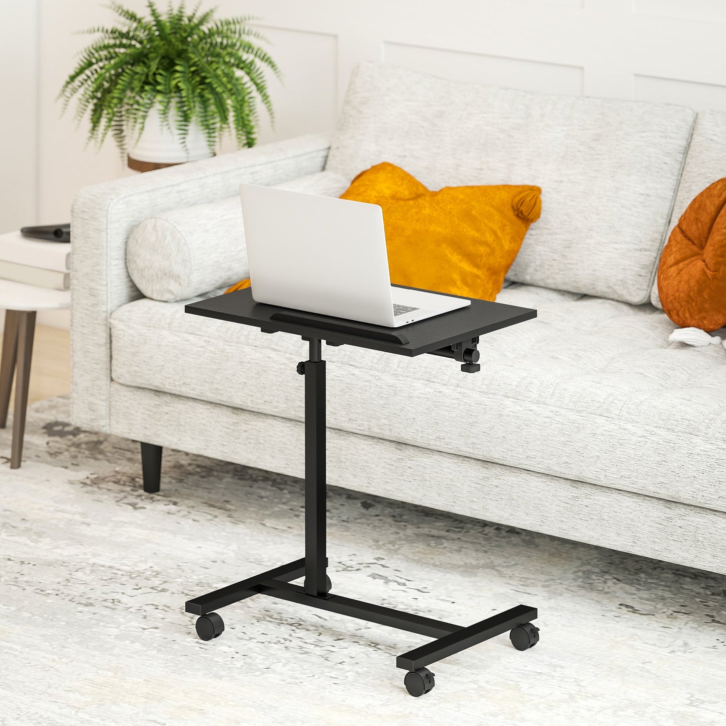C-Shaped Sofa Table with Lockable Wheels and Tiltable Top, Black