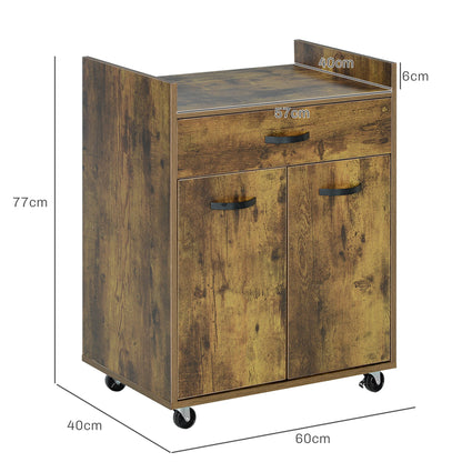 Kitchen Trolley with Drawer, Cabinet and 4 Wooden Wheels, 60x40x77cm, Rustic Brown