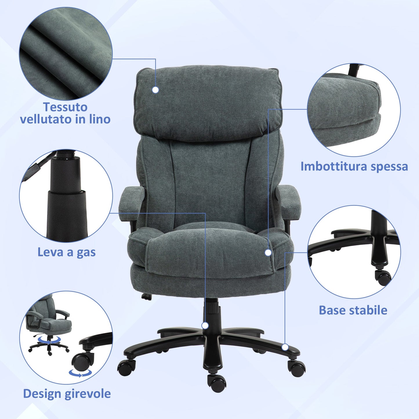 Reinforced Office Chair 200kg Capacity, Swivel and Tiltable in Velvet Fabric, Grey