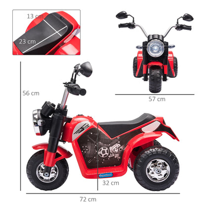 electric motorcycle for 3-wheeled children with lights and sounds, 6V rechargeable battery, speed 2 km/h, for children of 18-36 months, 72x57x56cm red