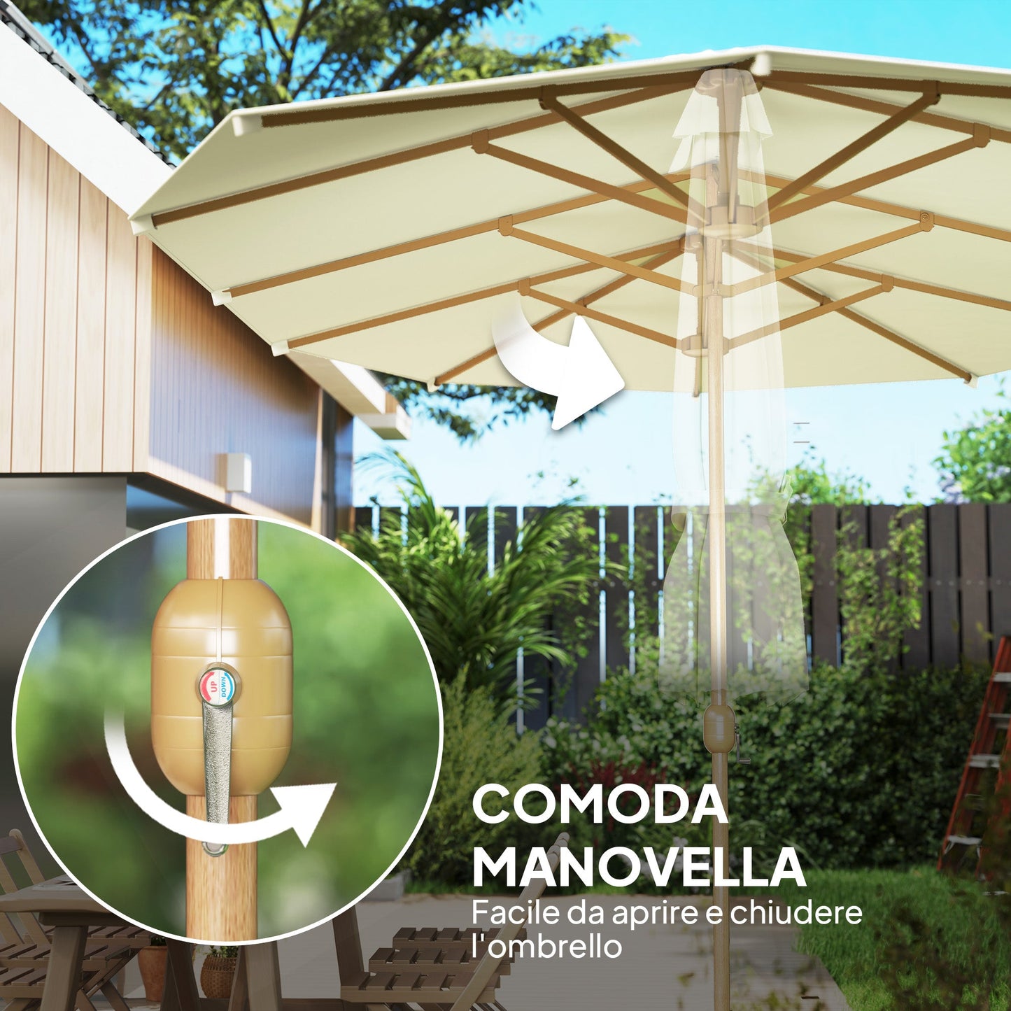 Double Umbrella with Crank Opening, in Stainless Steel and Polyester, 455x265x238 cm, Beige