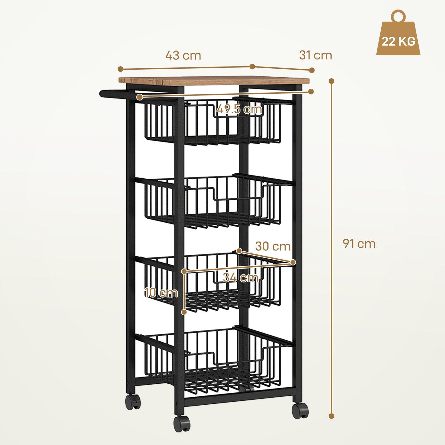 Kitchen Trolley with 4 Pull-Out Baskets, Wheels and Brakes, Steel and Wood, 49.5x31x91 cm, Oak