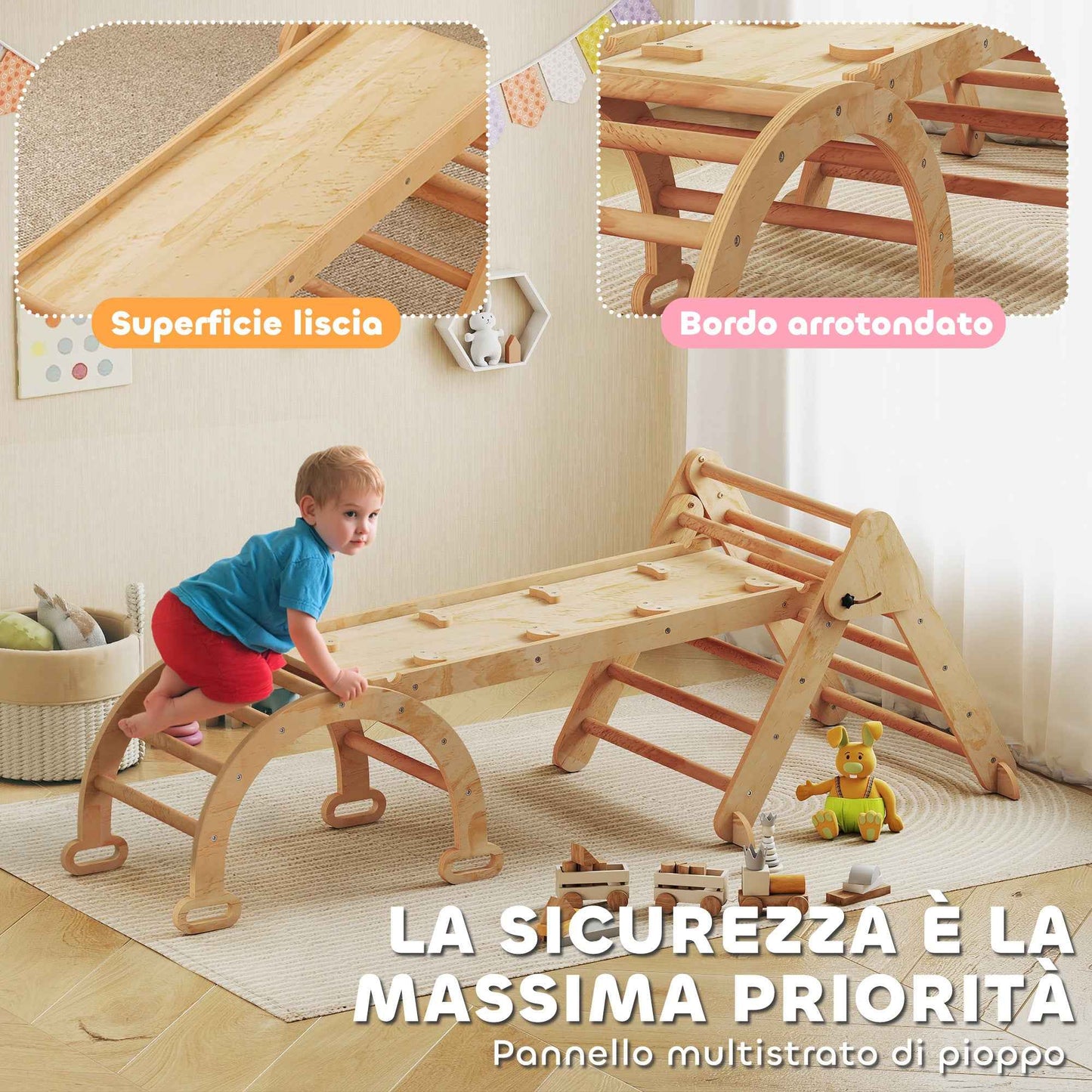 5-in-1 Children's Playground with Triangle, Smooth Wall and Arch, Made of Poplar and Pine Wood, 188x70x59 cm