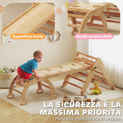 5-in-1 Children's Playground with Triangle, Smooth Wall and Arch, Made of Poplar and Pine Wood, 188x70x59 cm