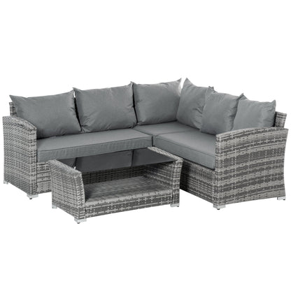 4-Piece PE Rattan Garden Furniture Set, Corner Sofa and Glass Coffee Table, Padded and Removable Cushions, Grey