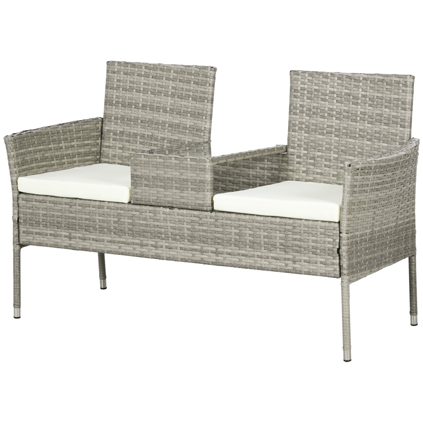 2 Seater Outdoor Sofa with Coffee Table, Steel and PE Rattan, 137x59x82 cm, Grey and Cream