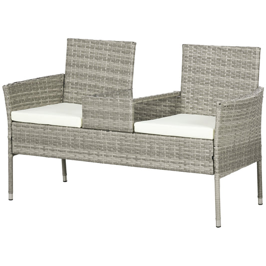 2 Seater Outdoor Sofa with Coffee Table, Steel and PE Rattan, 137x59x82 cm, Grey and Cream