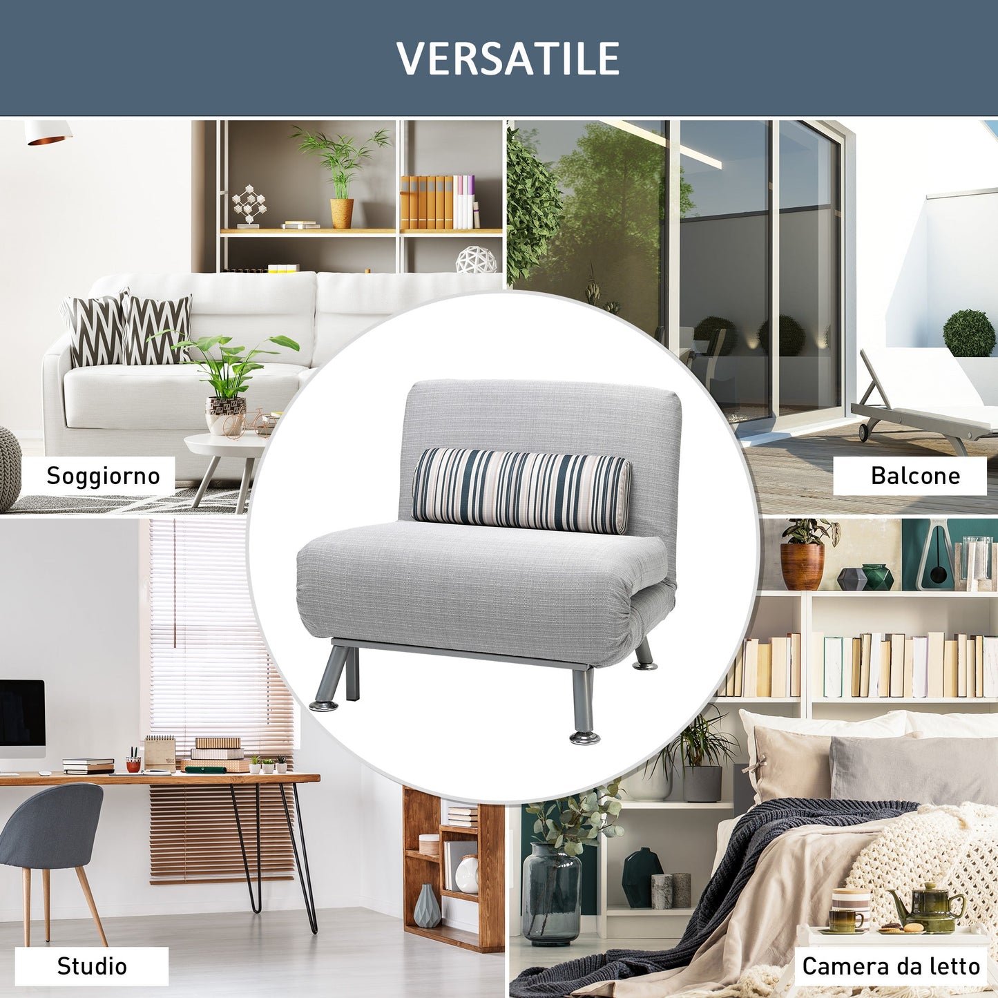 Single Armchair Bed, Armchair with Removable Mattress and Padded Cushion - 90-180° Adjustable Backrest and Metal Frame - 75x70x75 cm, Grey