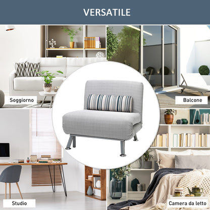 Single Armchair Bed, Armchair with Removable Mattress and Padded Cushion - 90-180° Adjustable Backrest and Metal Frame - 75x70x75 cm, Grey