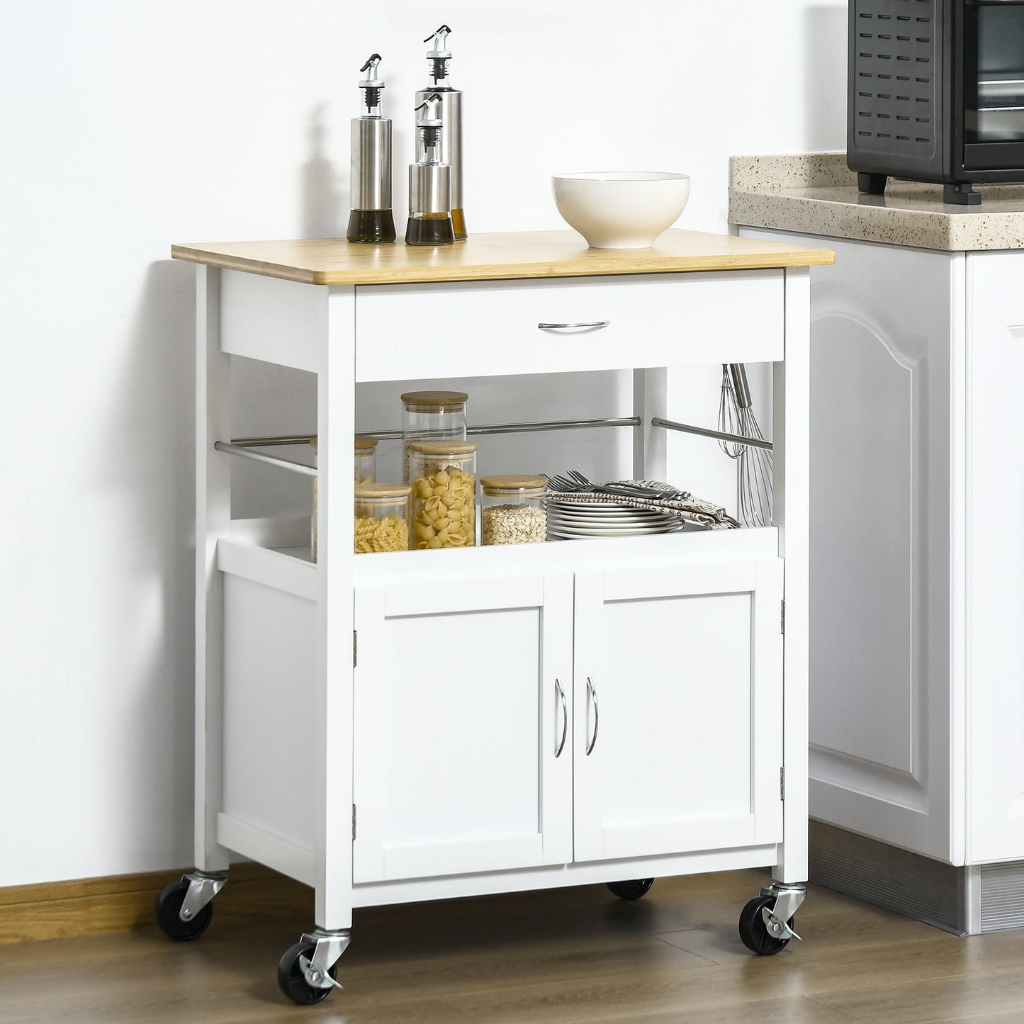 Kitchen Cart With Drawer of the locker and shelf, sparkle trolley with bamboo top and 4 wheels - White