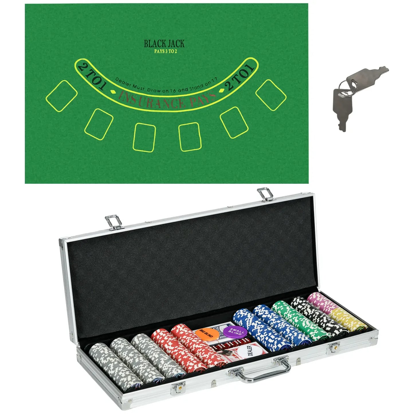 Poker Set for 10 Players – 500 Chips, 2 Card Decks & 5 Dice in Aluminum Carry Case