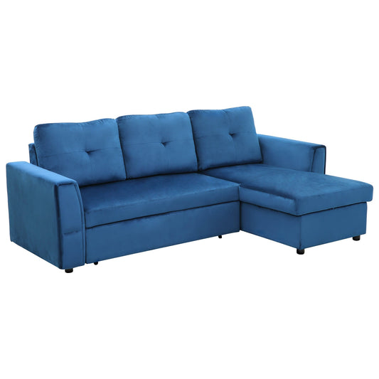 ALEA | 3 Seater Velvet Effect Corner Sofa Bed and Chaise with Storage, 232x141x85cm, Blue