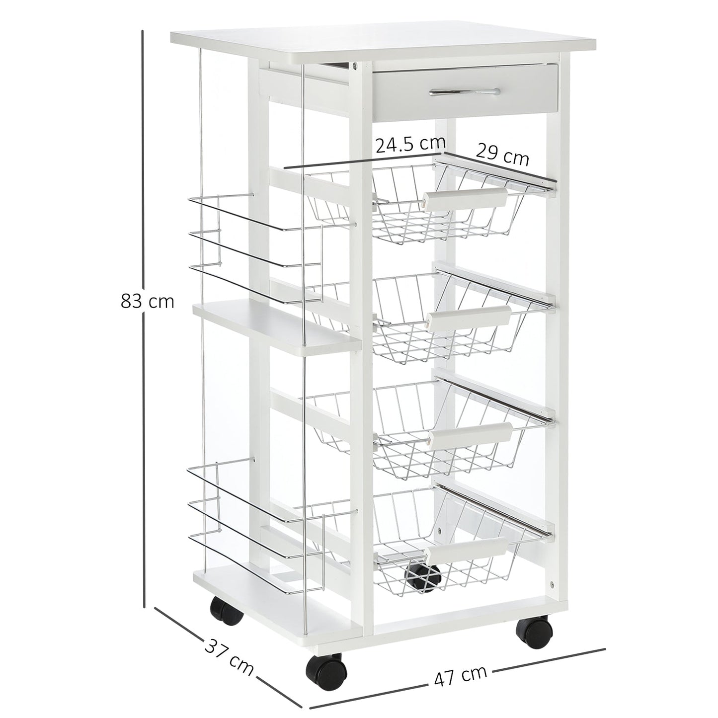 white wooden kitchen trolley with 1 drawer and 4 metal baskets