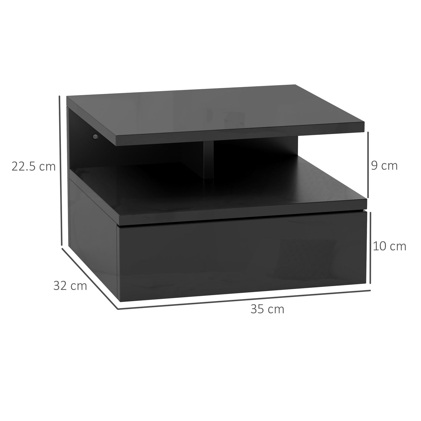 Floating Nightstand for Bedroom with Drawer and Open Shelf in Wood, 35x32x22.5 cm, Glossy Black