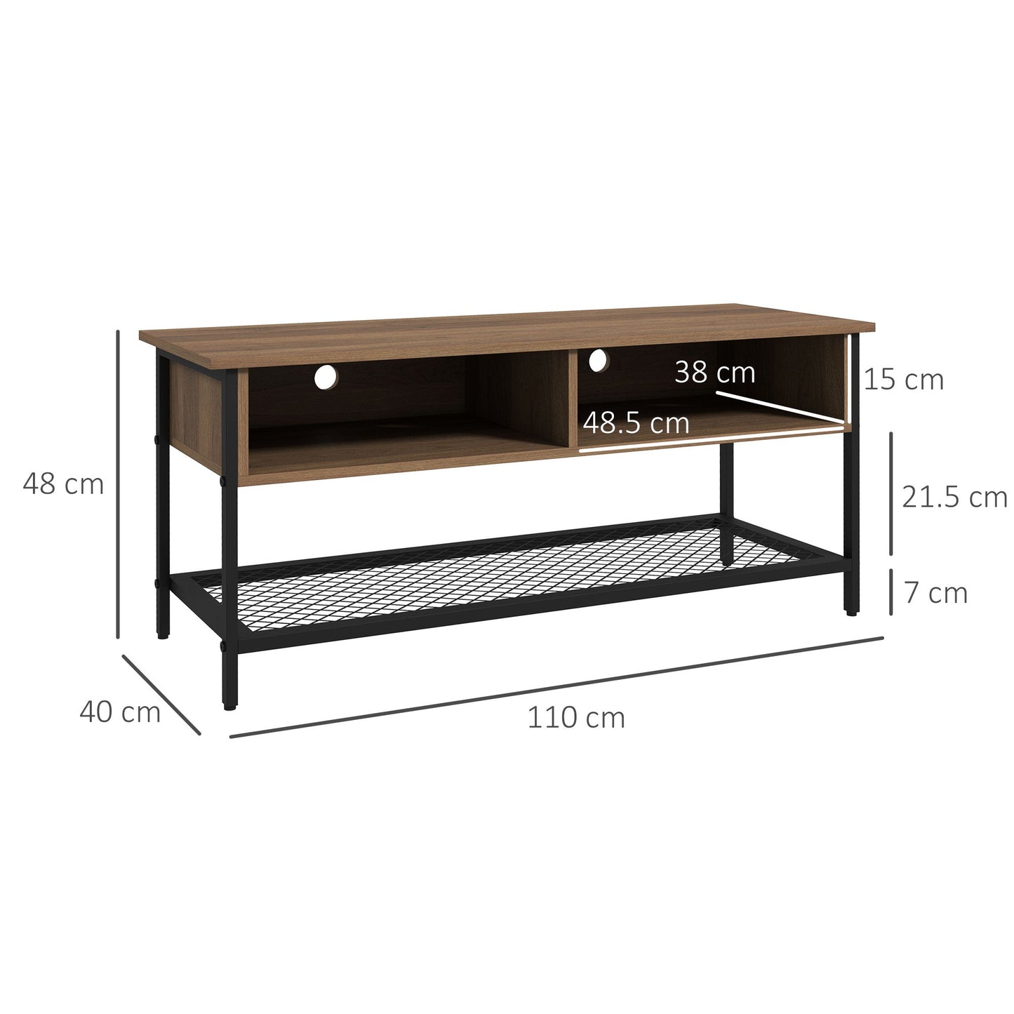 Industrial Style TV Stand Up to 48" in Wood and Steel, 110x40x48cm, Brown and Black
