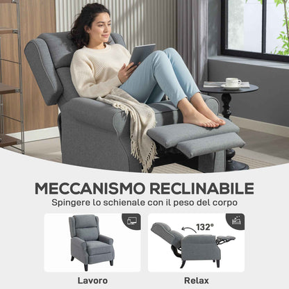 132° Max Reclining Chair in Linen Effect Fabric with Footrest, 74x84x102 cm, Grey